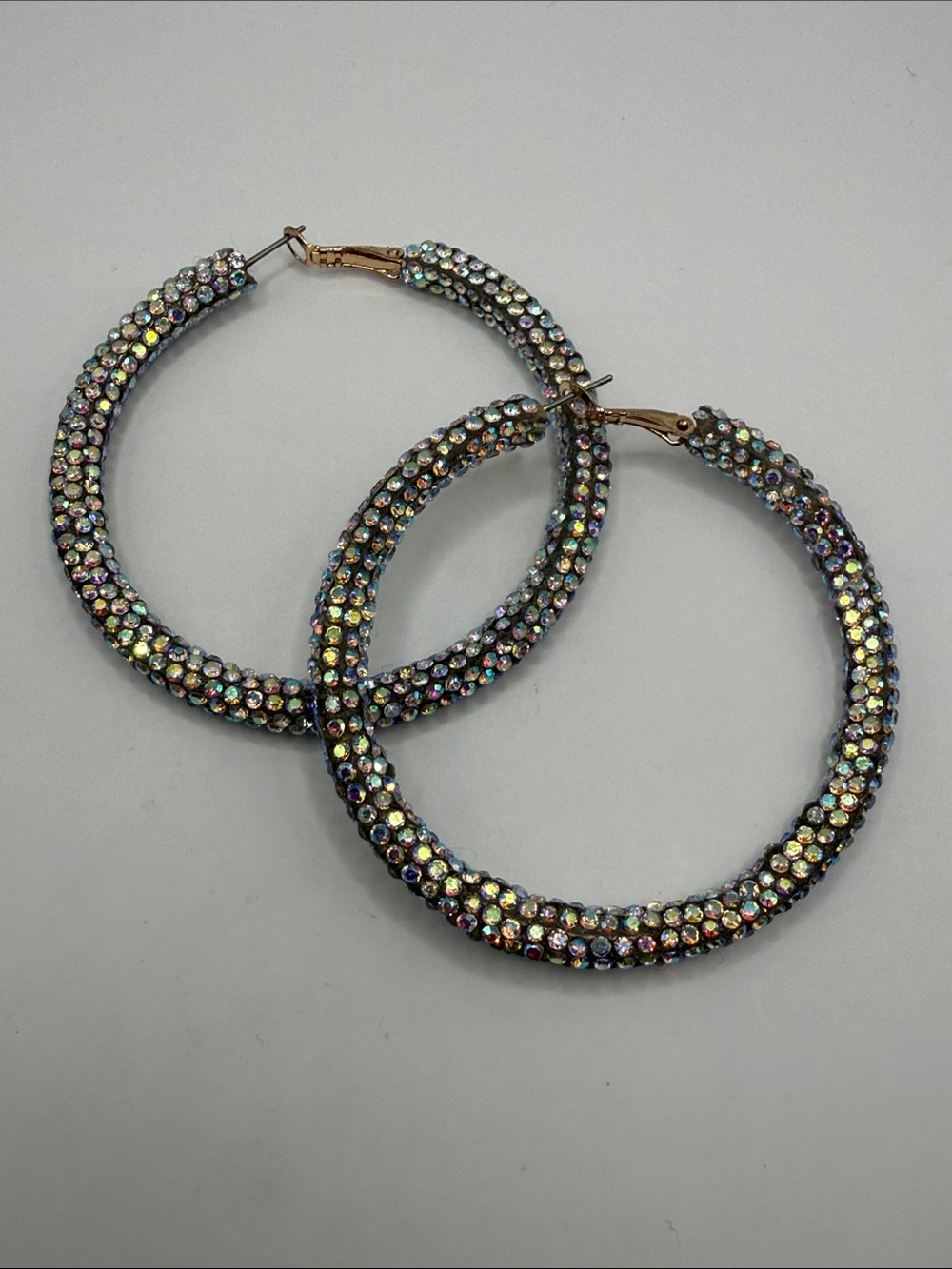 Vintage Silver Tone Rhinestone Glitter Large Hoop Dangle Drop Statement Earrings